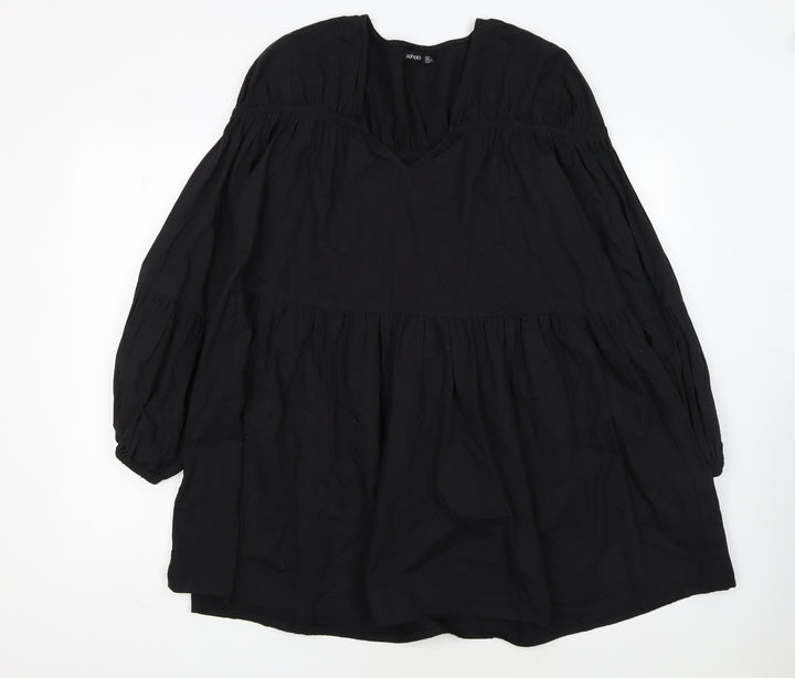Boohoo Womens Black Cotton Smock V-Neck Long Sleeve Short Dress Size 12