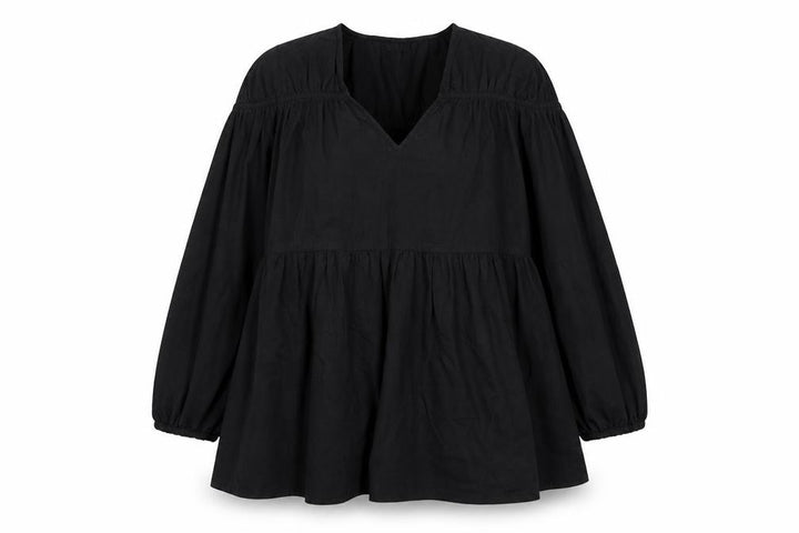 Boohoo Womens Black Cotton Smock V-Neck Long Sleeve Short Dress Size 12