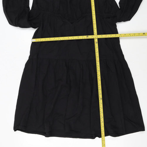 Boohoo Womens Black Cotton Smock V-Neck Long Sleeve Short Dress Size 12