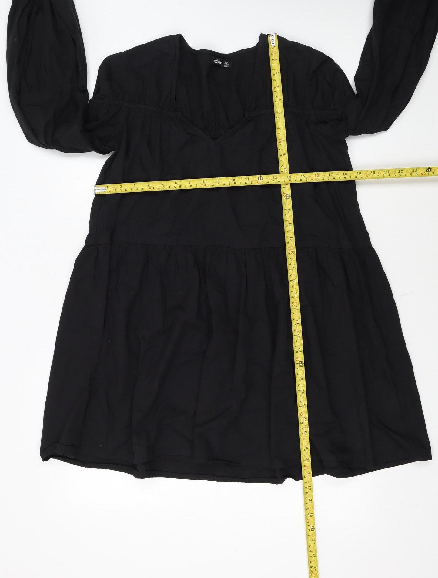 Boohoo Womens Black Cotton Smock V-Neck Long Sleeve Short Dress Size 12