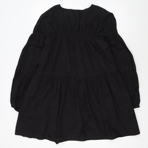 Boohoo Womens Black Cotton Smock V-Neck Long Sleeve Short Dress Size 12