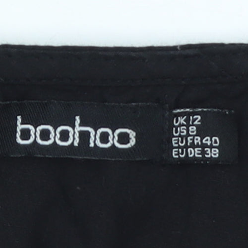 Boohoo Womens Black Cotton Smock V-Neck Long Sleeve Short Dress Size 12