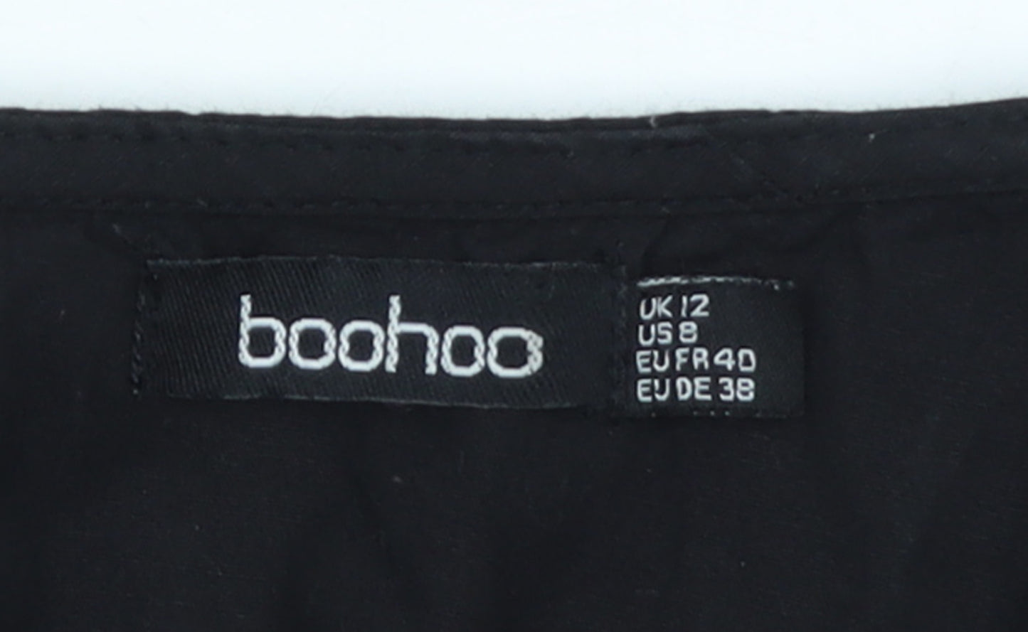 Boohoo Womens Black Cotton Smock V-Neck Long Sleeve Short Dress Size 12