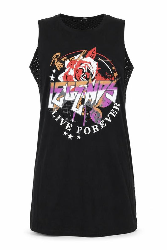 Front view of Select women’s black, size UK 10, rock graphic sleeveless t-shirt dress
