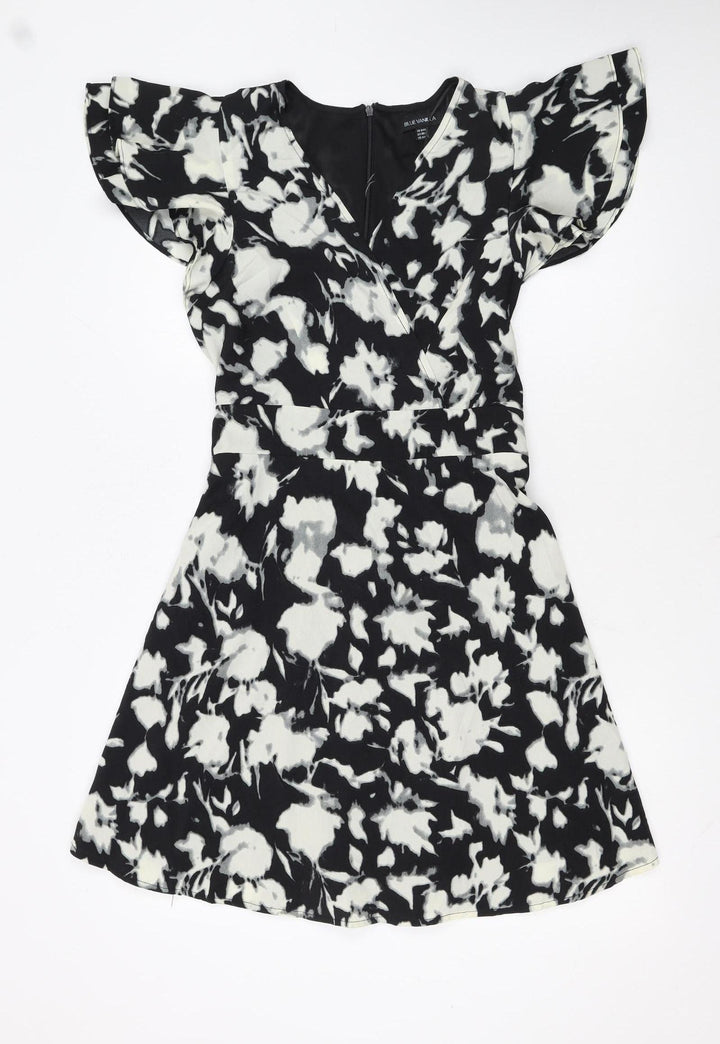 Blue Vanilla Women's Black Floral A-Line Short Dress Size 8