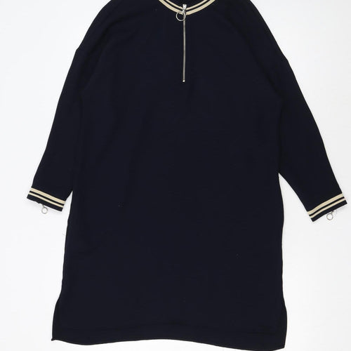 Zara Women Black Shift Dress S High Neck Zip Knit Casual Classic