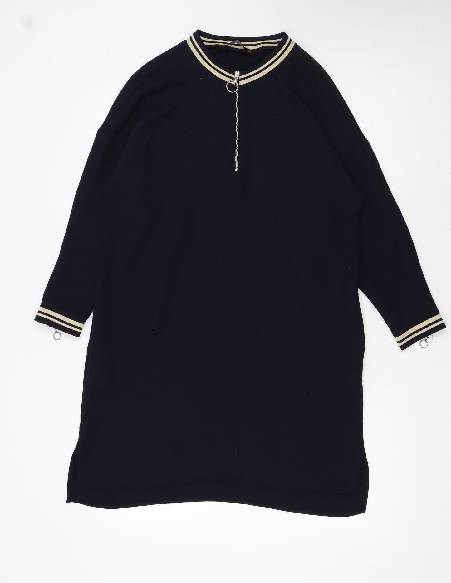Zara Women Black Shift Dress S High Neck Zip Knit Casual Classic