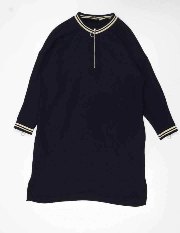 Zara Women Black Shift Dress S High Neck Zip Knit Casual Classic