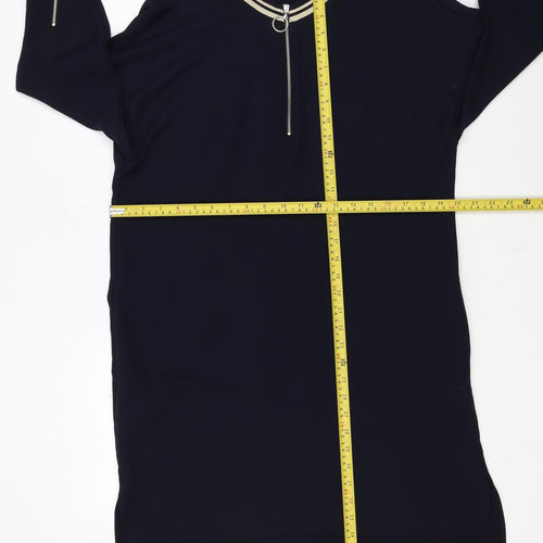 Zara Women Black Shift Dress S High Neck Zip Knit Casual Classic