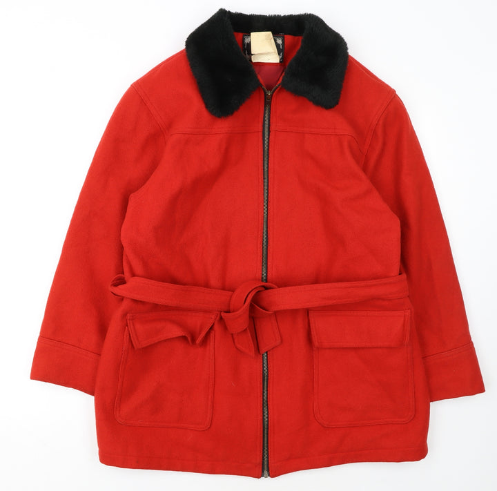 North Legend Women's Red Wool Coat with Faux Fur Collar Belted M