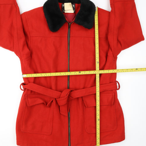 North Legend Women's Red Wool Coat with Faux Fur Collar Belted M