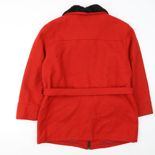 North Legend Women's Red Wool Coat with Faux Fur Collar Belted M