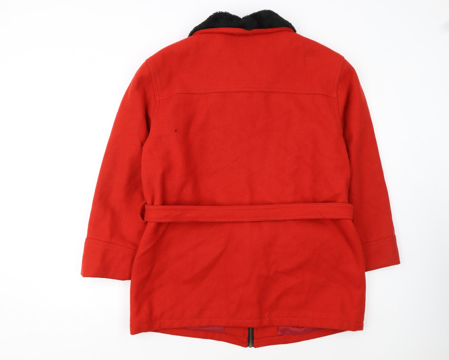North Legend Women's Red Wool Coat with Faux Fur Collar Belted M