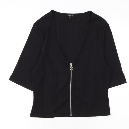 River Island Women’s Black Ribbed Zip Front Cropped Top Size 14