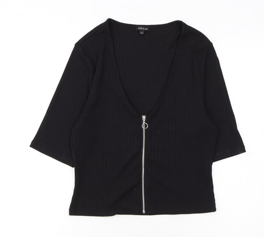 River Island Women’s Black Ribbed Zip Front Cropped Top Size 14