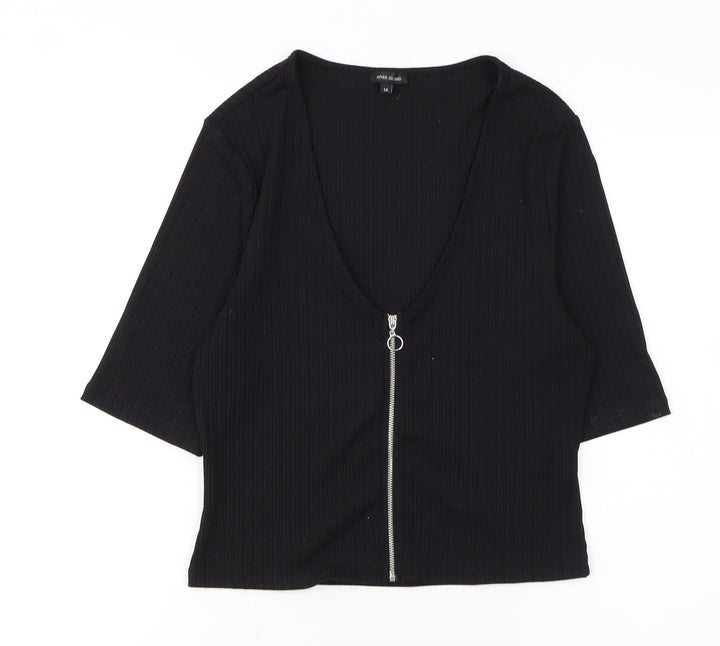 River Island Women’s Black Ribbed Zip Front Cropped Top Size 14