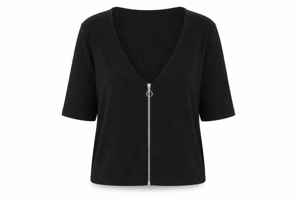 Front view of River Island Women’s Black Ribbed Zip Front Cropped Top, size UK 14