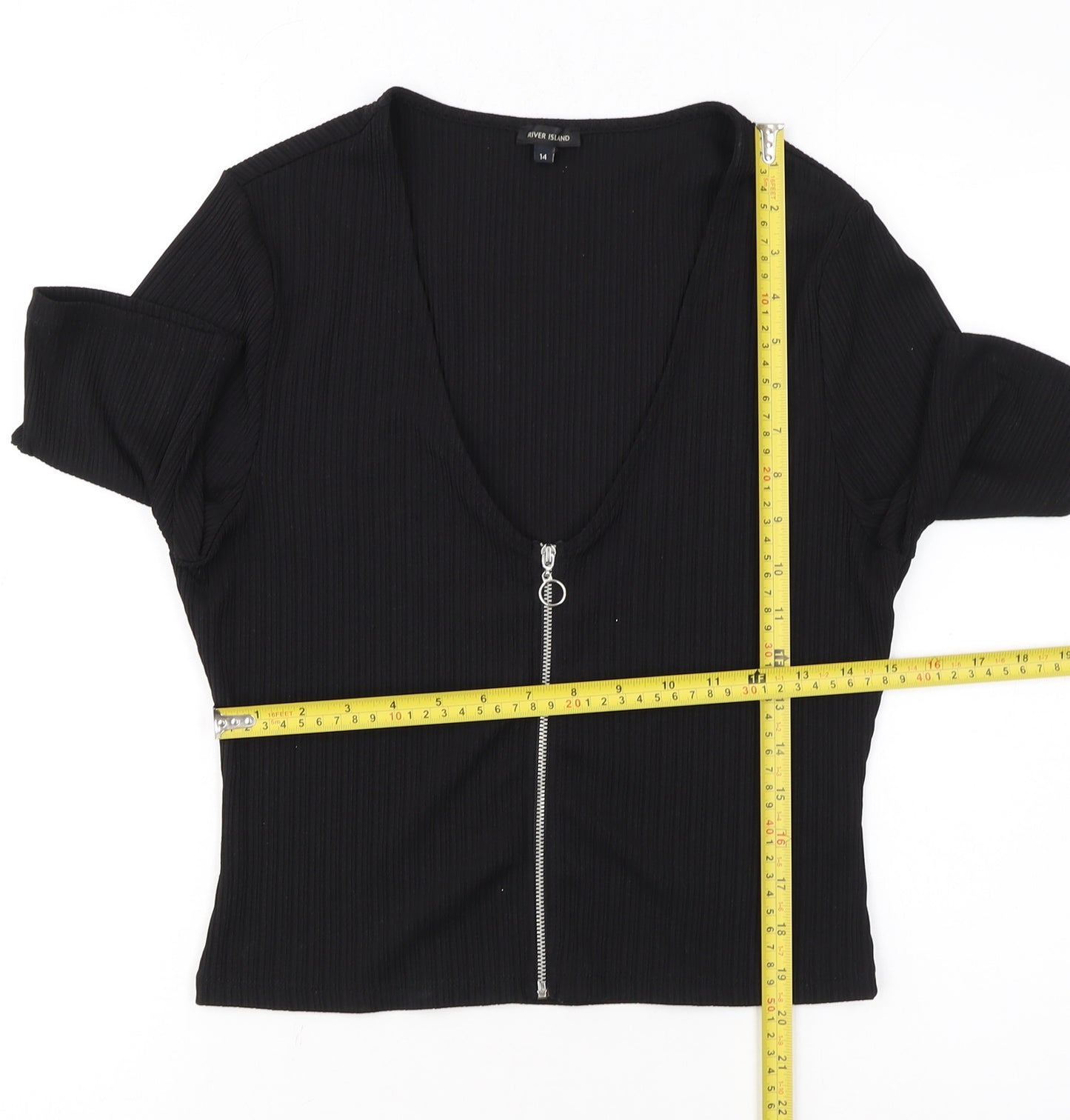 River Island Women’s Black Ribbed Zip Front Cropped Top Size 14