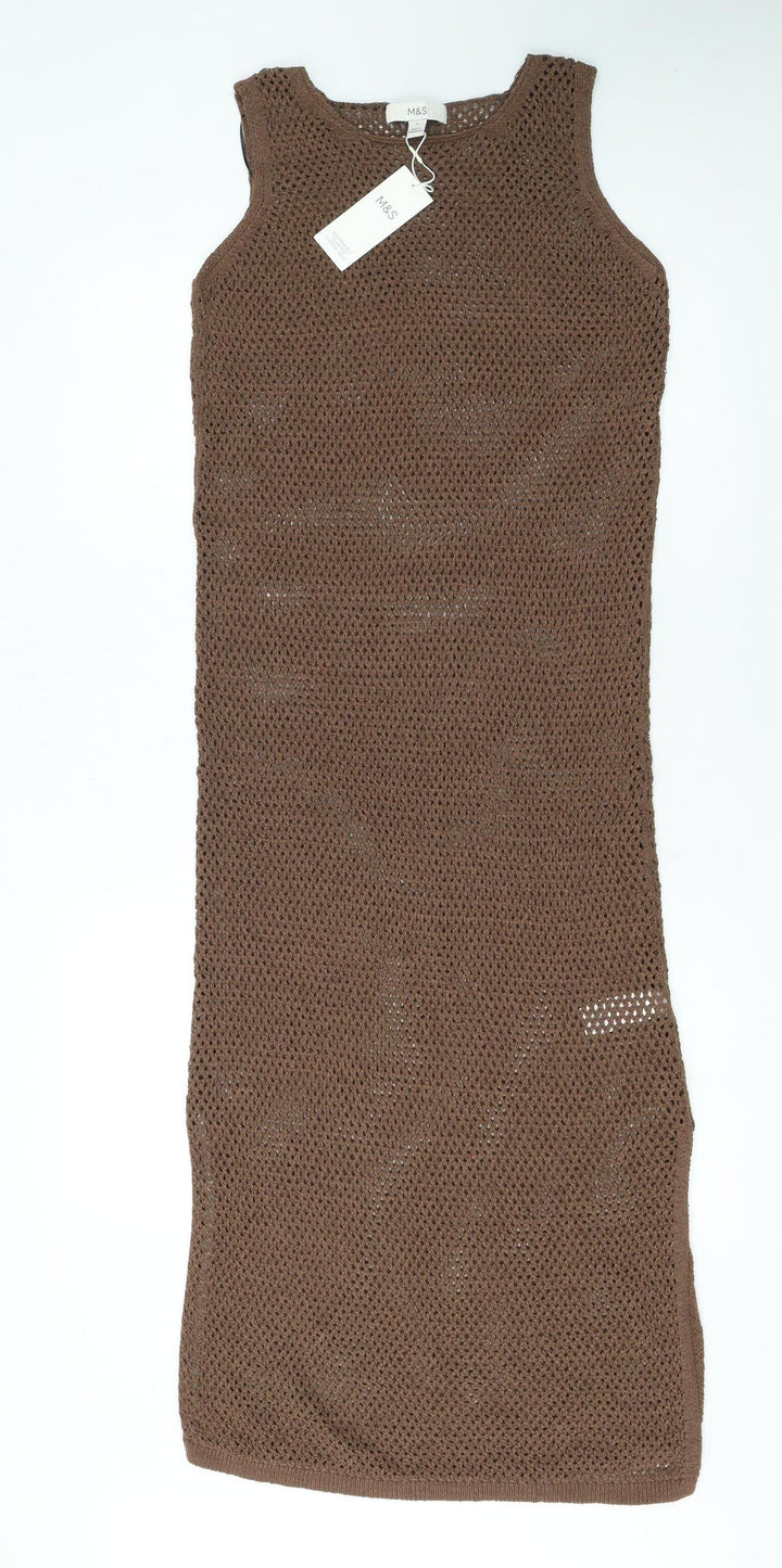 Marks and Spencer Women Brown Crochet Slip Dress Size S Sleeveless Midi