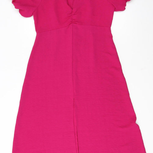 Zara Women’s Pink Midi Fit & Flare Dress Size L Puff Sleeve V-Neck