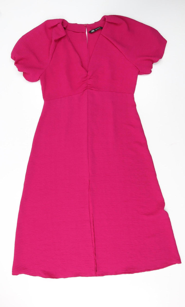 Zara Women’s Pink Midi Fit & Flare Dress Size L Puff Sleeve V-Neck