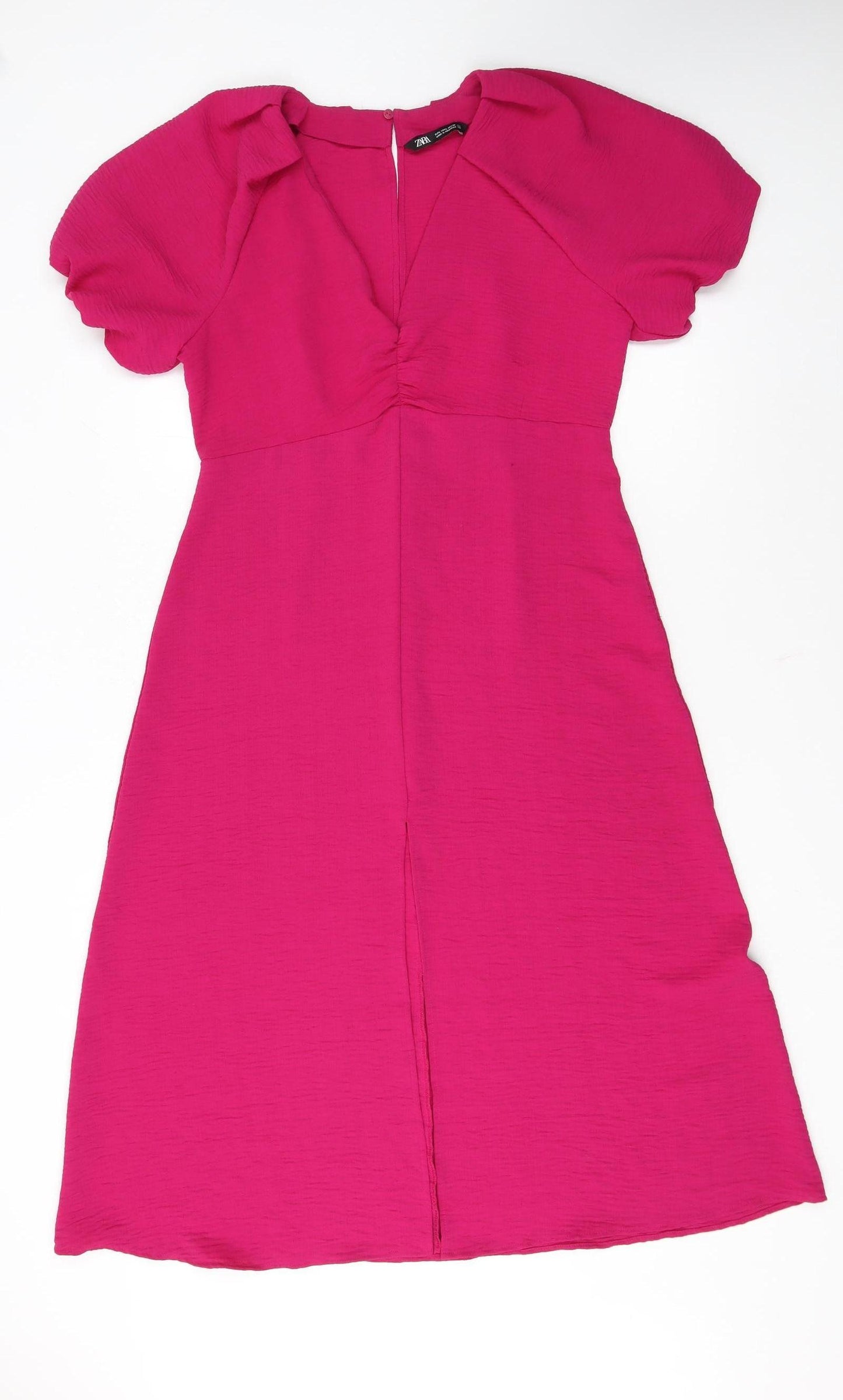 Zara Women’s Pink Midi Fit & Flare Dress Size L Puff Sleeve V-Neck