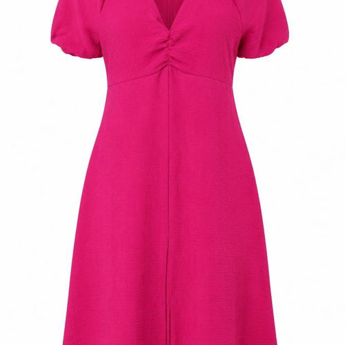 Zara Women’s Pink Midi Fit & Flare Dress Size L Puff Sleeve V-Neck