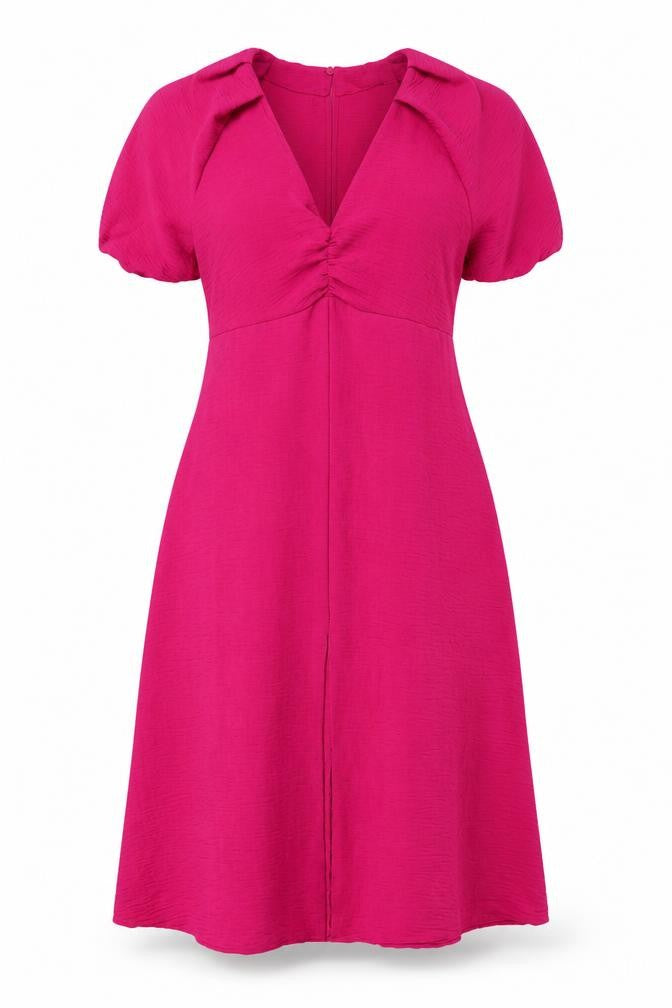 Zara Women’s Pink Midi Fit & Flare Dress Size L Puff Sleeve V-Neck