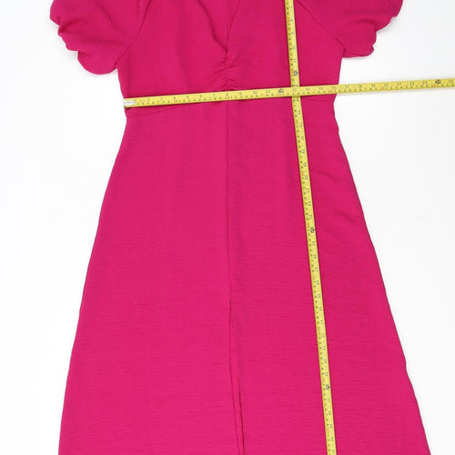 Zara Women’s Pink Midi Fit & Flare Dress Size L Puff Sleeve V-Neck