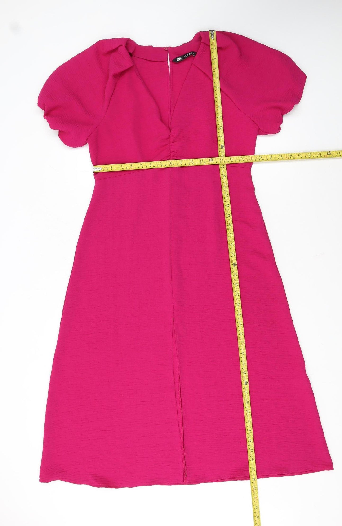 Zara Women’s Pink Midi Fit & Flare Dress Size L Puff Sleeve V-Neck