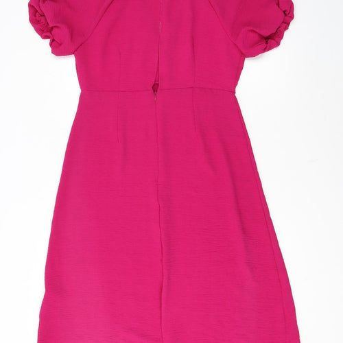 Zara Women’s Pink Midi Fit & Flare Dress Size L Puff Sleeve V-Neck