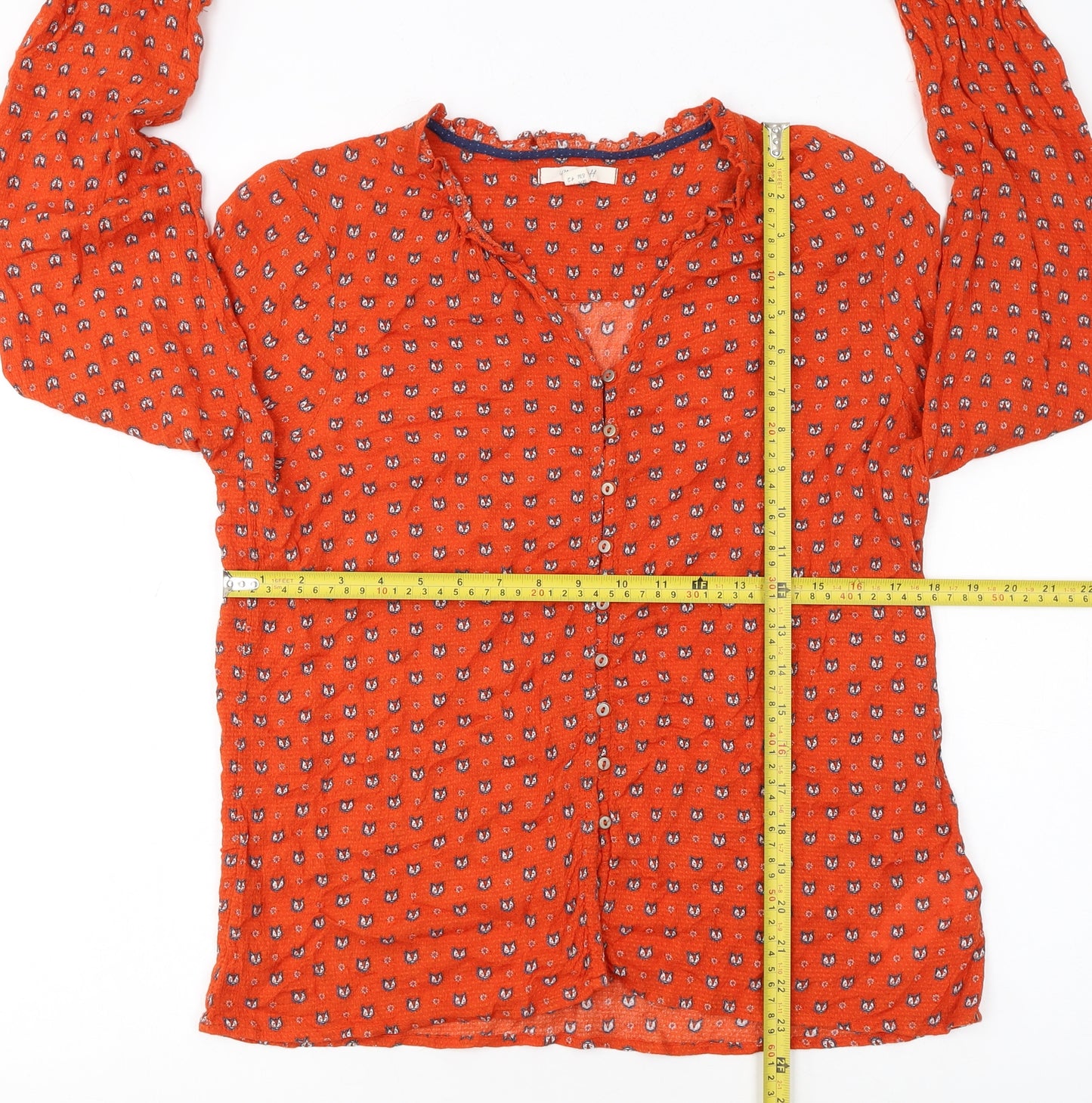 White Stuff Women's Orange Fox Print Long Sleeve Viscose Blouse UK 14