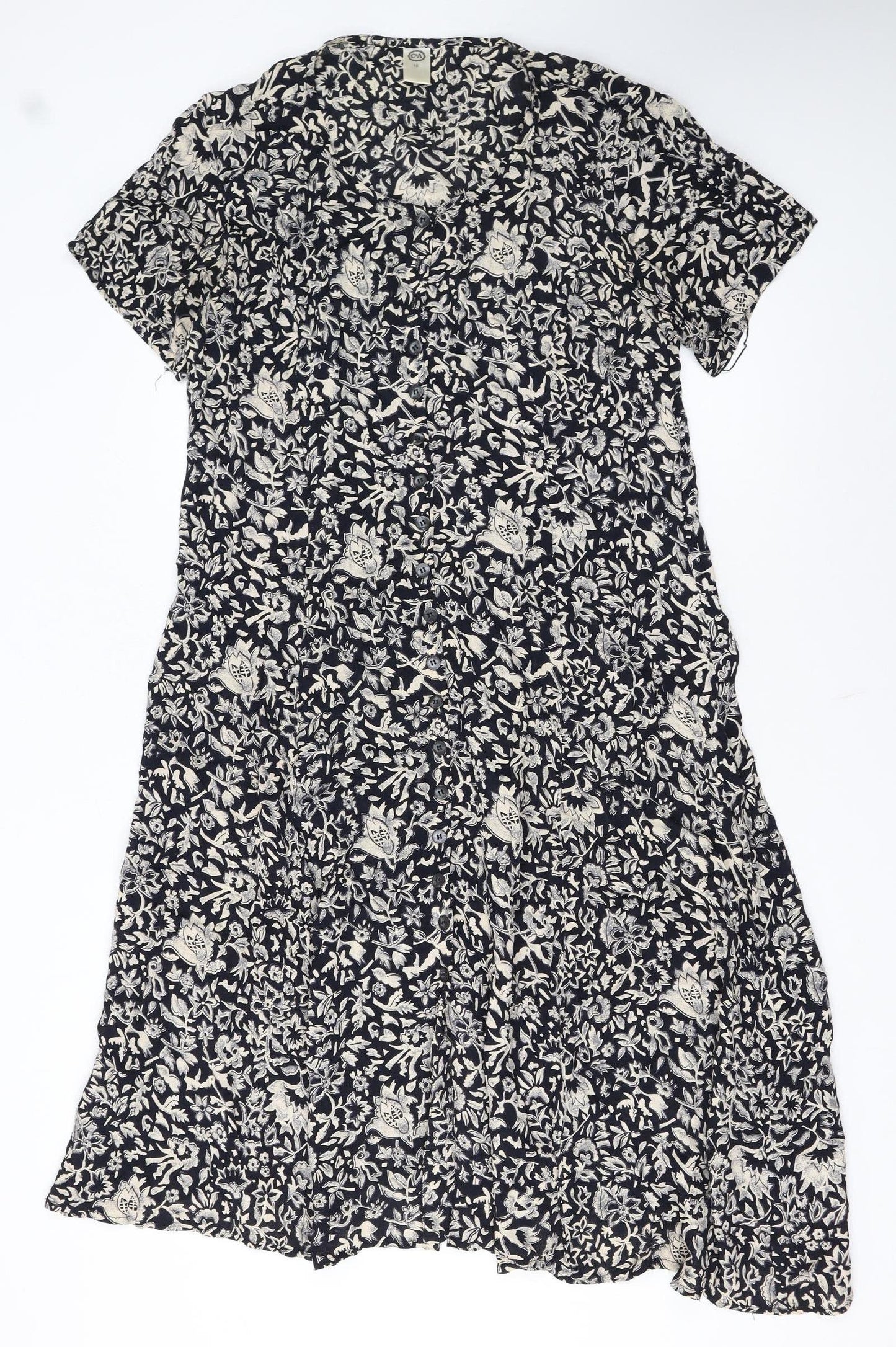 C&A Women’s Black Floral Midi A-Line Dress Size 16 Short Sleeve