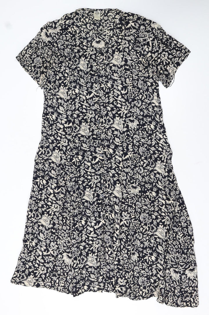 C&A Women’s Black Floral Midi A-Line Dress Size 16 Short Sleeve