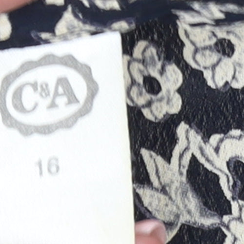 C&A Women’s Black Floral Midi A-Line Dress Size 16 Short Sleeve