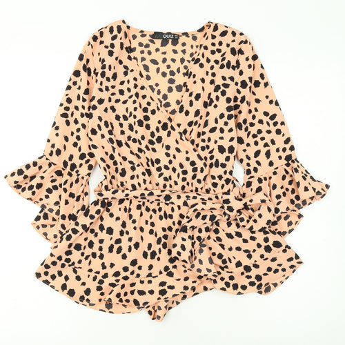 Quiz Womens Beige Leopard Wrap Ruffle Blouse Size 8