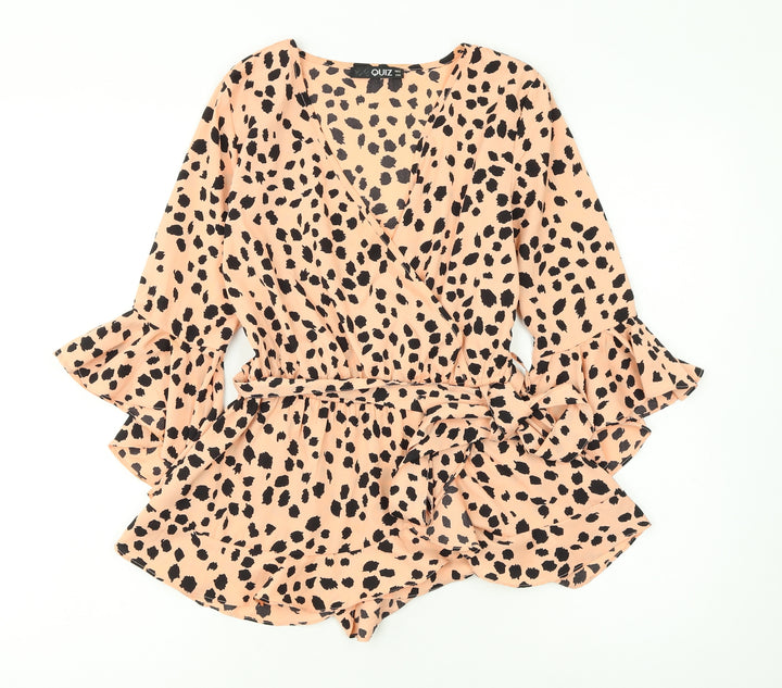 Quiz Womens Beige Leopard Wrap Ruffle Blouse Size 8