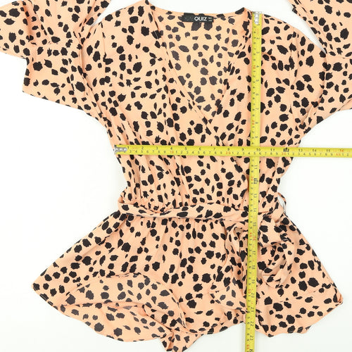 Quiz Womens Beige Leopard Wrap Ruffle Blouse Size 8