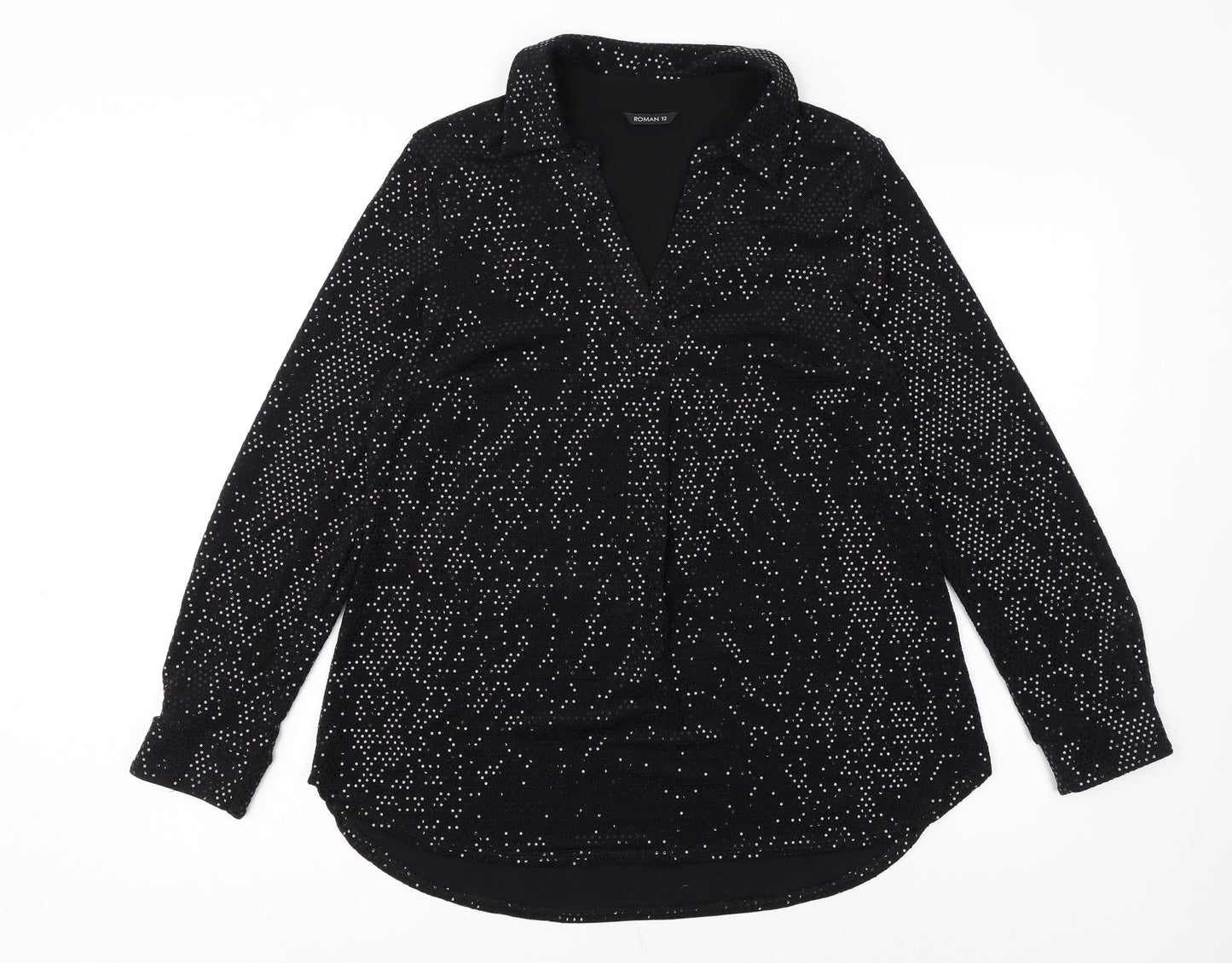Roman Women Black Sequin Long Sleeve Tunic Blouse Size 12