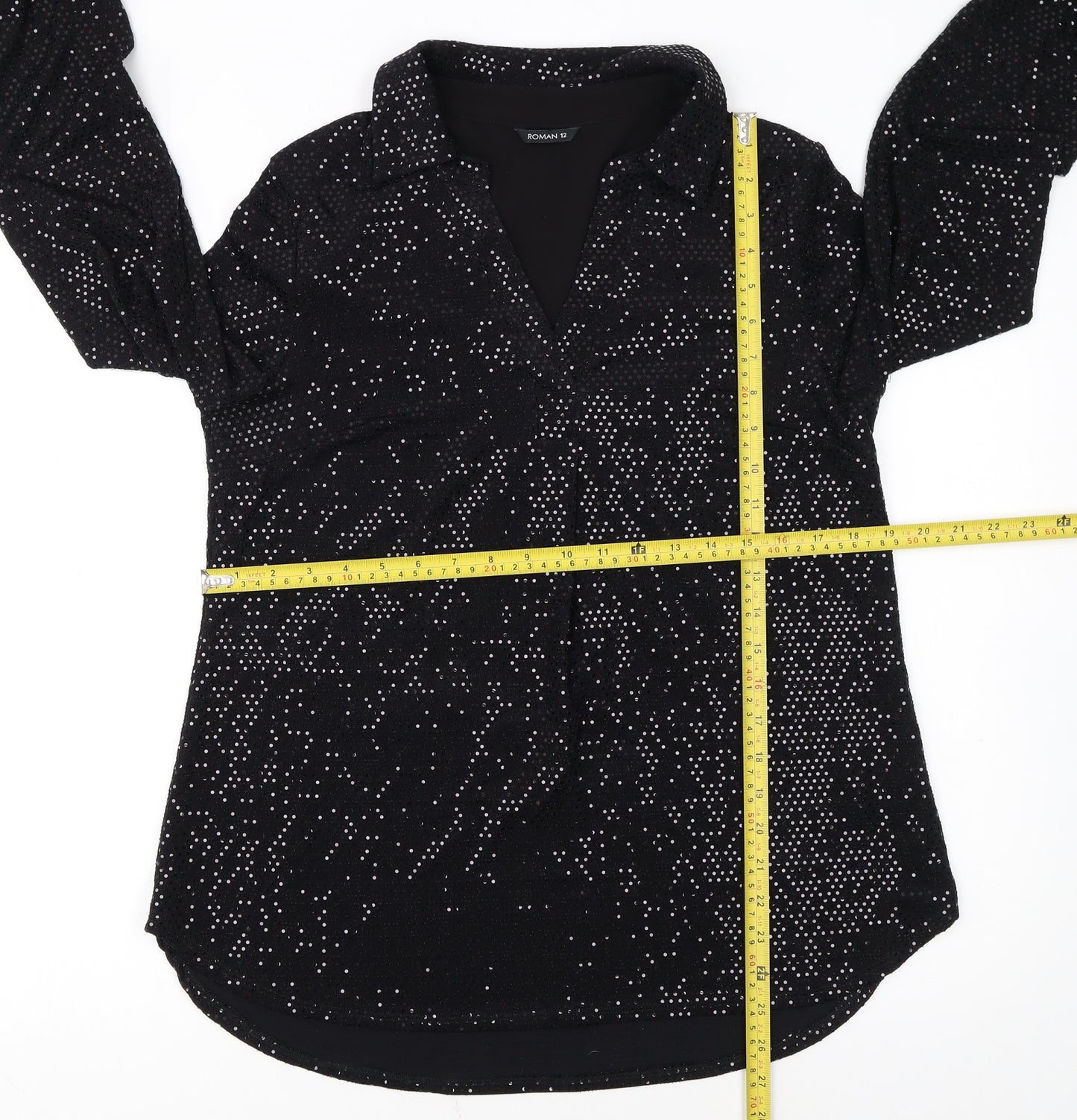 Roman Women Black Sequin Long Sleeve Tunic Blouse Size 12