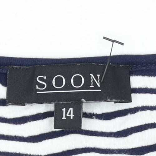 Soon Women Blue White Striped 3/4 Sleeve Jersey T-Shirt Size 14