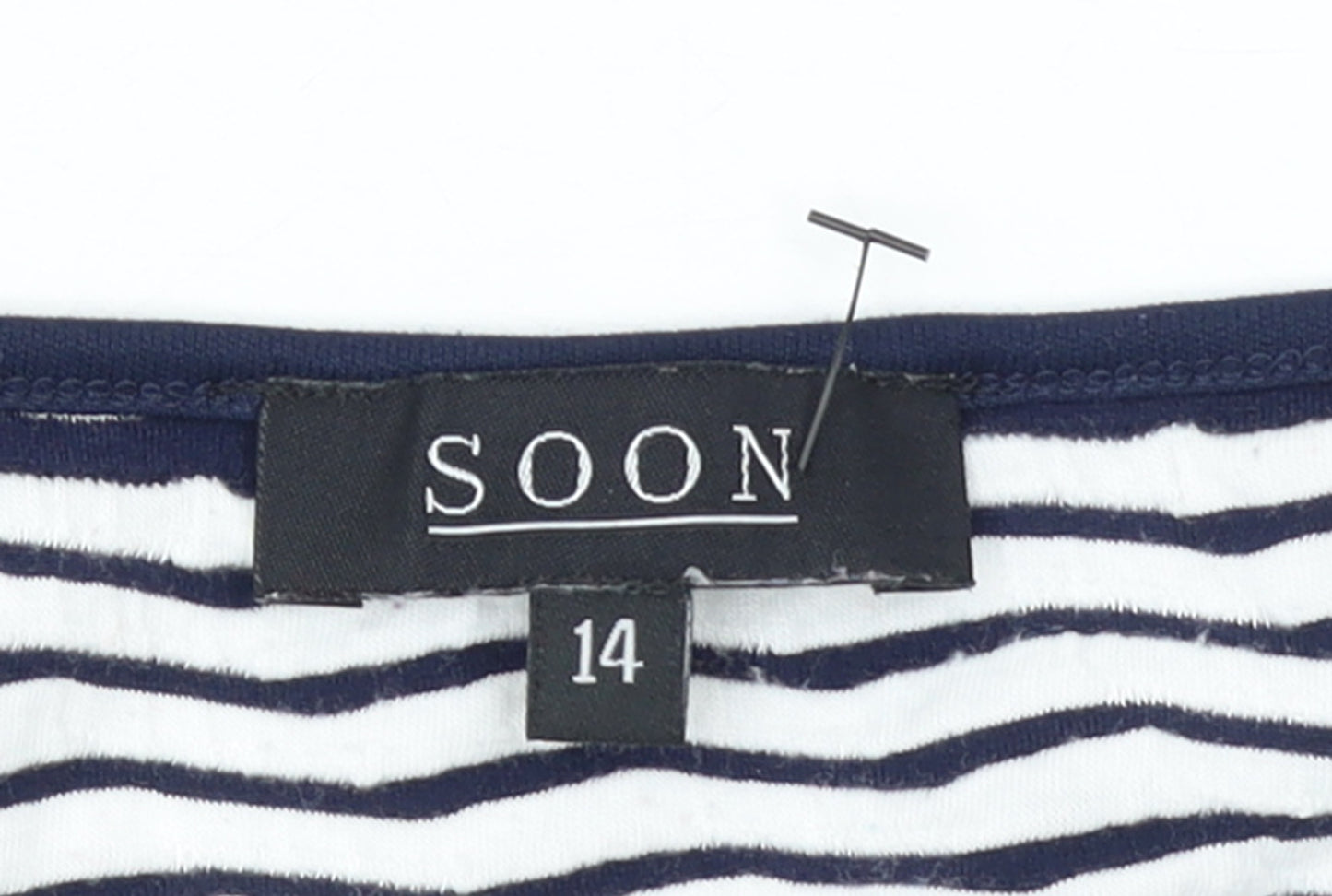 Soon Women Blue White Striped 3/4 Sleeve Jersey T-Shirt Size 14