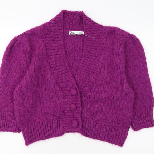Zara Women Purple Chunky Knit Cardigan Size S V-Neck Wool Blend