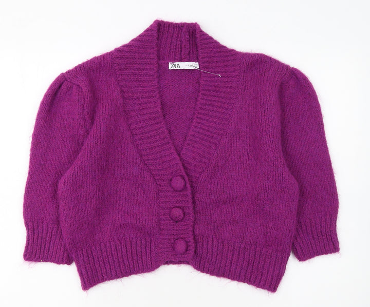 Zara Women Purple Chunky Knit Cardigan Size S V-Neck Wool Blend