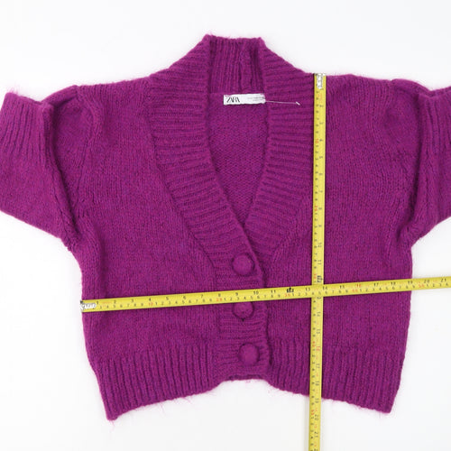 Zara Women Purple Chunky Knit Cardigan Size S V-Neck Wool Blend
