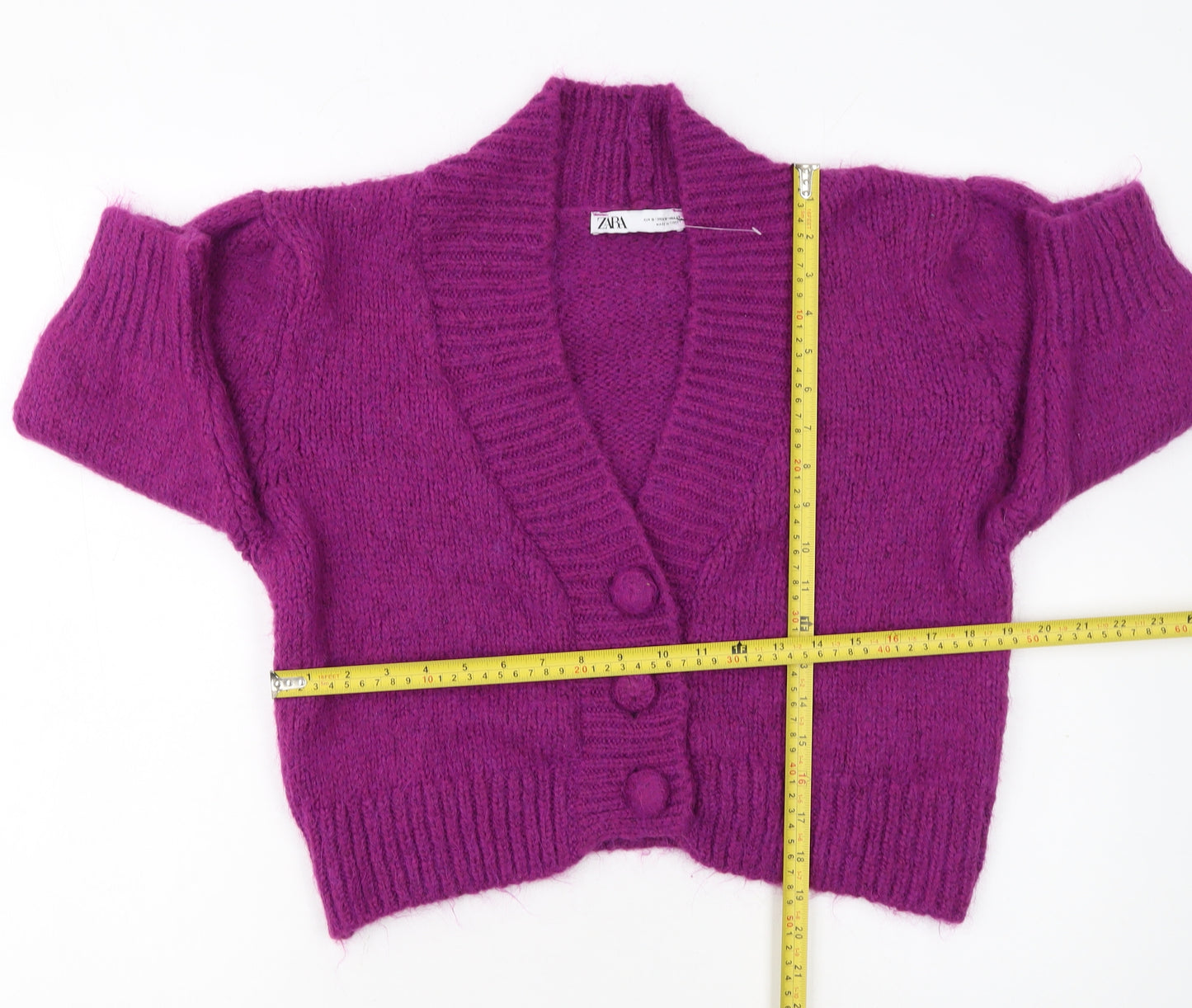 Zara Women Purple Chunky Knit Cardigan Size S V-Neck Wool Blend