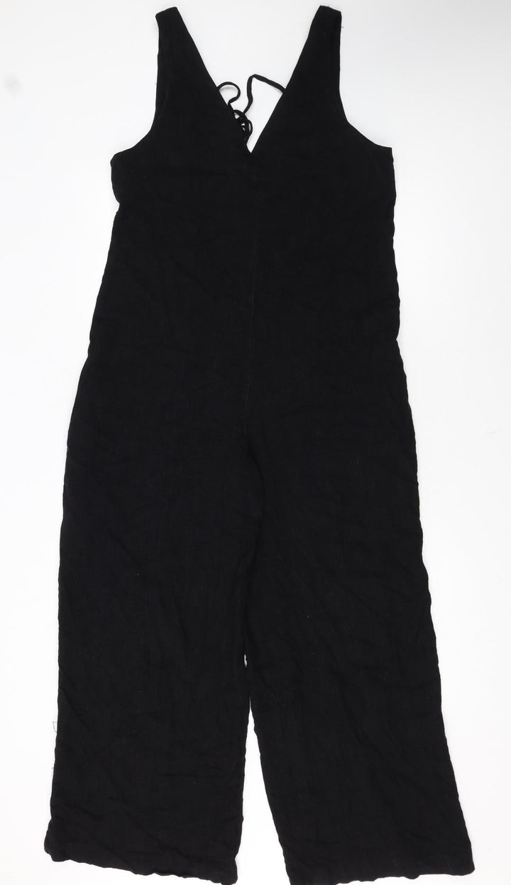 Topshop Women Black Linen Blend Wide Leg Sleeveless Jumpsuit UK 10