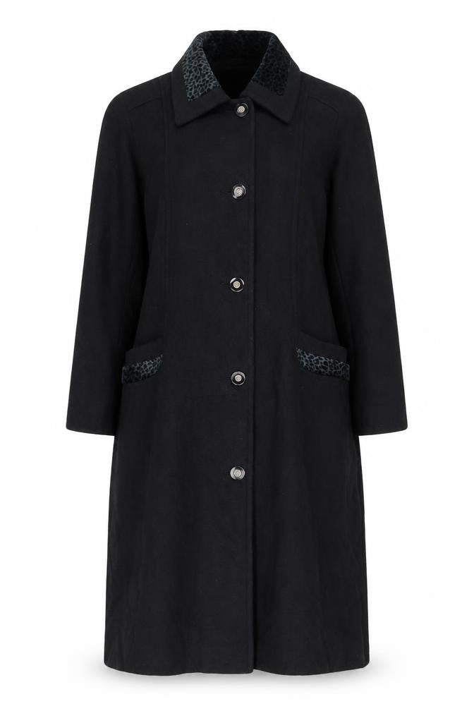Front view of Gallery Women’s Black Wool Long Overcoat Petite, size UK 11-12