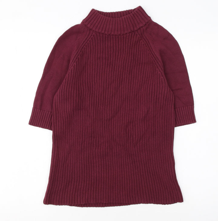 Lands' End Women Petite Burgundy Mock Neck Short Sleeve Cotton Jumper M