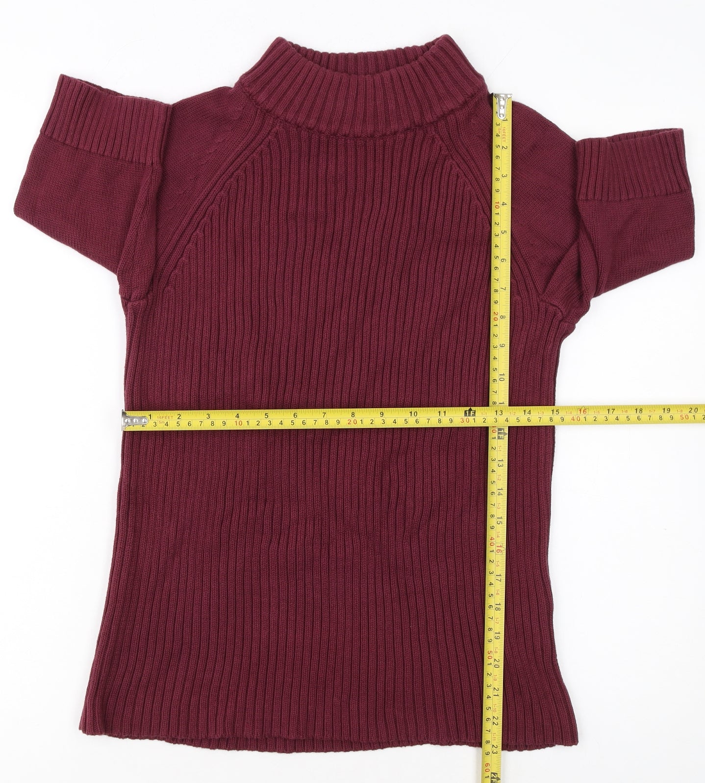 Lands' End Women Petite Burgundy Mock Neck Short Sleeve Cotton Jumper M